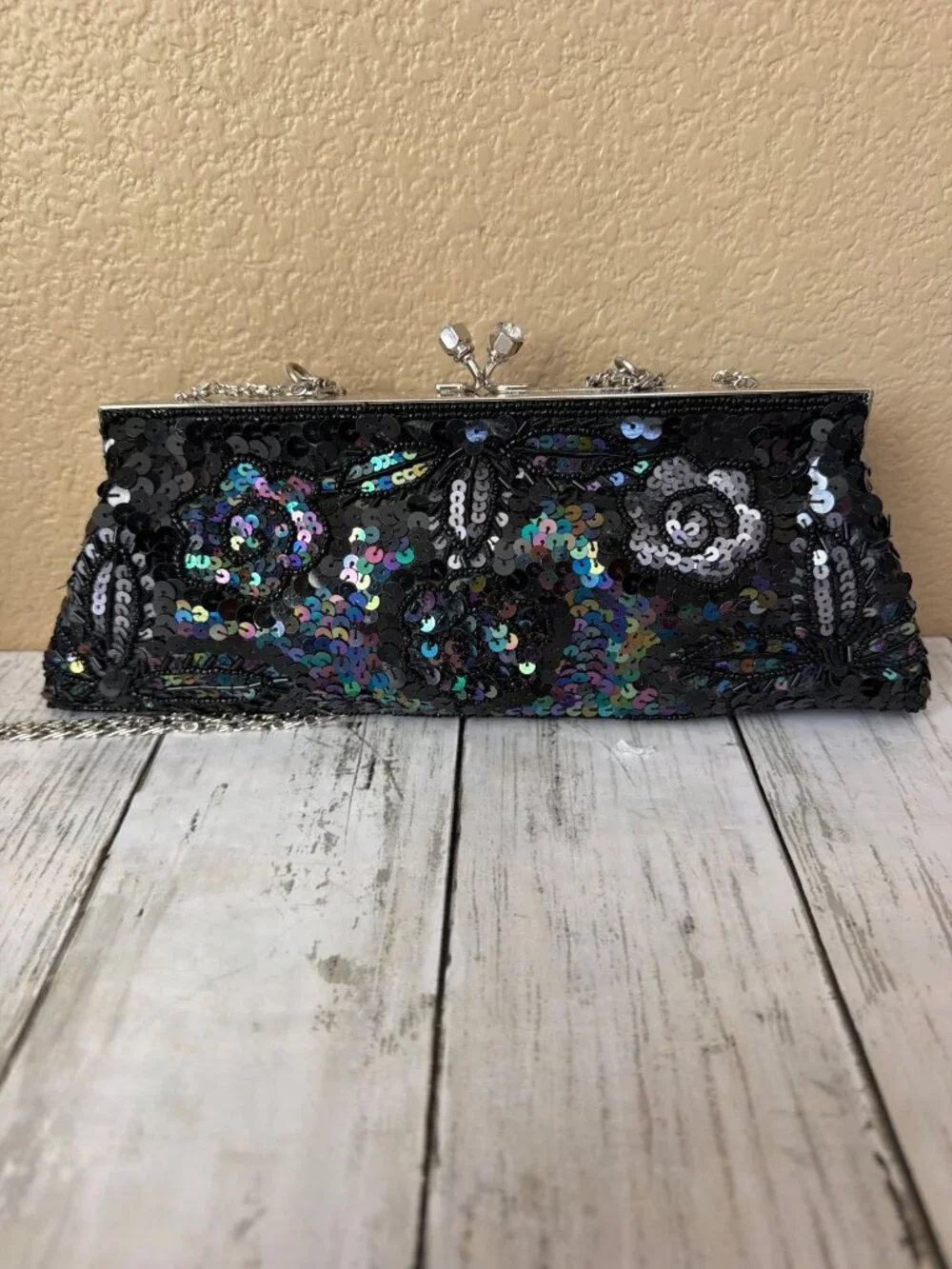Y2K Max Mayer Black Beaded Sequin Evening Bag Clutch Kiss Lock Chain Strap NEW - Picture 6 of 14